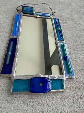 Vintage Fused Glass Wall Mirror Blue Green Stained Glass Style Handmade
